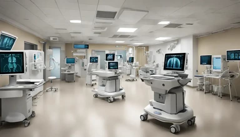 Hospital moderno com tecnologia avançada, incluindo robôs, telas digitais e profissionais de saúde utilizando tablets, destacando avanços no setor hospitalar.