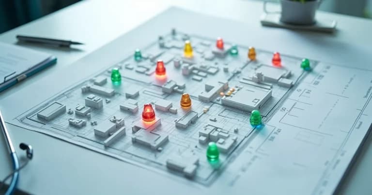 Planta baixa de hospital com alarmes coloridos geridos em painel central
