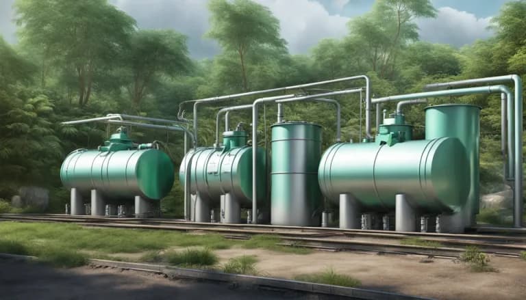 Estação de tratamento de água moderna com telemetria para gestão eficiente de água e esgoto, destacando tanques, tubulações e gráficos digitais.