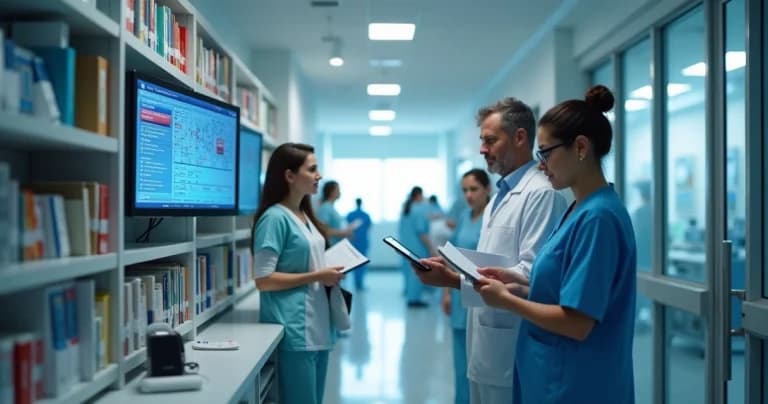 Sala de auditoria hospitalar com equipe analisando documentos e monitores de equipamentos médicos modernos