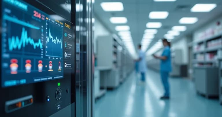 Equipamento de armazenamento de vacinas com tela digital mostrando alertas de falhas e monitoramento ambiental detalhado