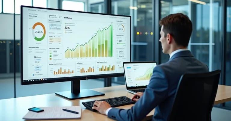 Gestor analisando gráficos de ROI em painel de monitoramento SaaS