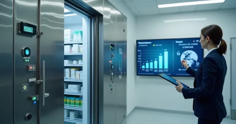 Painel com sensores IoT monitorando temperatura em câmara fria durante auditoria de certificação