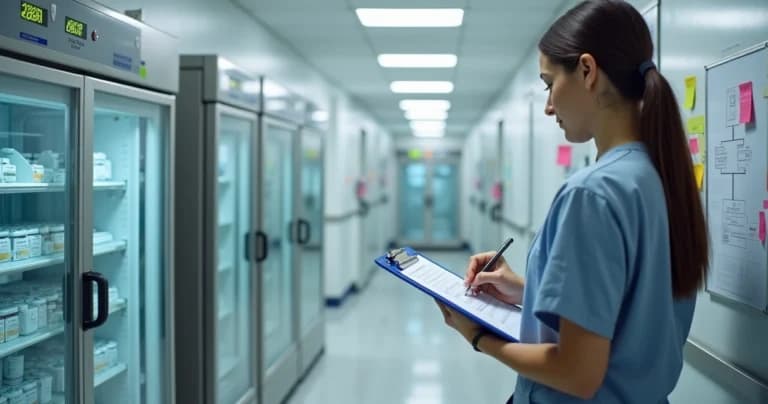 Profissional de saúde conferindo checklist em frente a geladeira de cadeia fria hospitalar