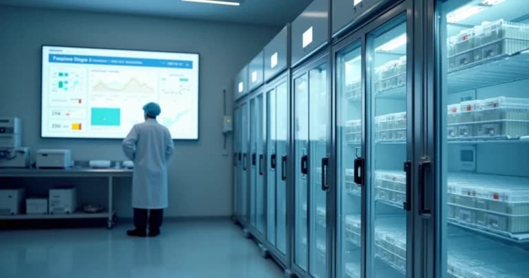 Profissional monitora cadeia de frio de vacinas em refrigerador com sensores e painel digital