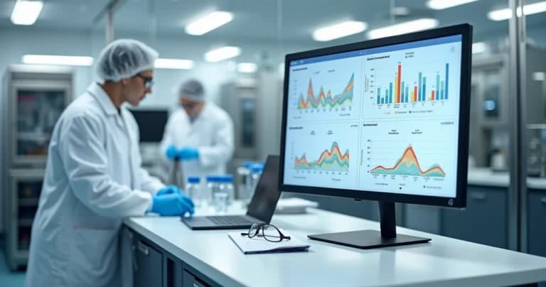 Painel digital com indicadores de desempenho em laboratório farmacêutico
