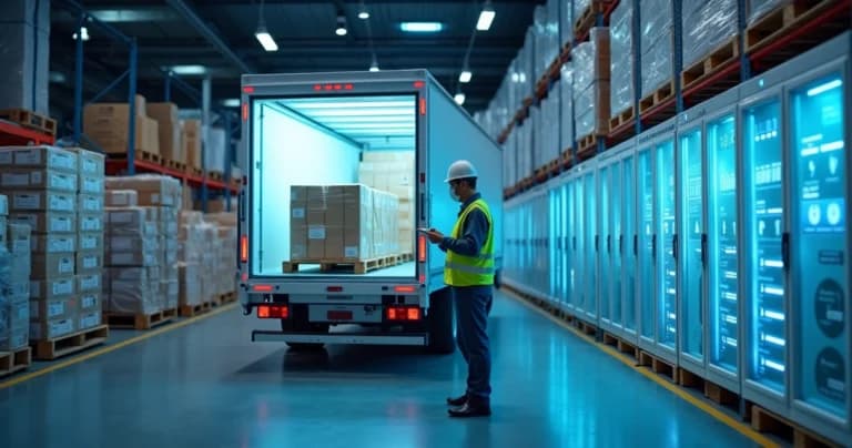 Centro de distribuição farmacêutico com carga refrigerada sendo monitorada por tecnologia