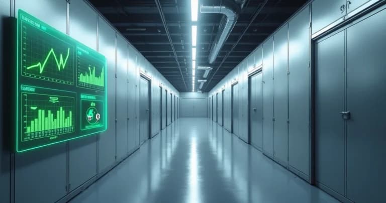 Corredor de câmara fria industrial com portas fechadas e gráfico de economia de energia flutuando