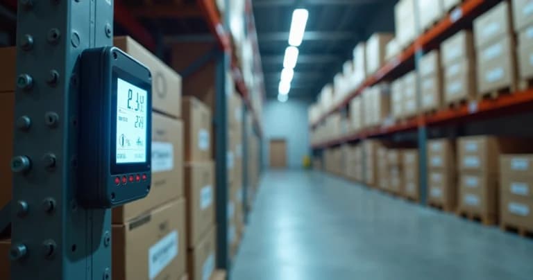 Data logger de temperatura e umidade em armazém industrial monitorando produtos sensíveis.