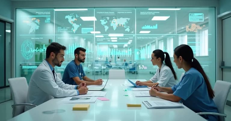 Equipe em hospital planejando suporte proativo com painel digital futurista