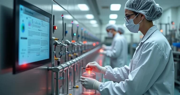 Técnica observa linha de produção com sensores detectando erro de manipulação de insumos
