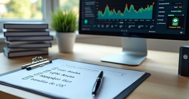Checklist jurídico sobre dados ambientais ao lado de monitor com gráficos