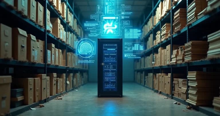 Servidor rodeado de arquivos empoeirados com dados digitais no ar