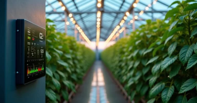 Painel digital acompanhando níveis de CO₂ em estufa industrial com plantas em produção