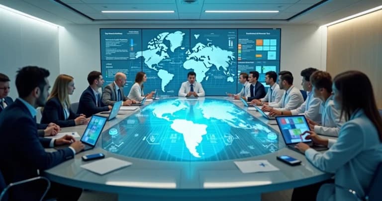 Mesa de governança em saúde com mapa do Brasil digital e dados preditivos no centro