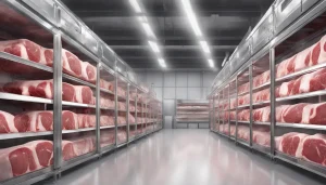 Armazém refrigerado com prateleiras grandes contendo cortes de carne crua em embalagens a vácuo e monitores de temperatura digital nas paredes.