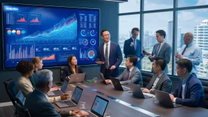 Profissionais em reunião analisando gráficos de dados em tela digital em escritório moderno com vista para a cidade.