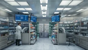 Farmácia moderna com telas de monitoramento digital exibindo dados em tempo real e farmacêutico analisando informações.