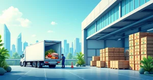 Instalações logísticas modernas, caminhão refrigerado, produtos frescos e símbolos de sustentabilidade em um armazém.