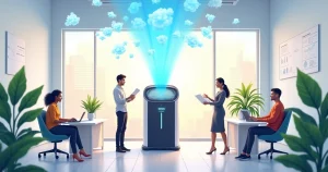 Escritório moderno com purificador de ar, profissionais diversos e plantas, evidenciando alta qualidade do ar.