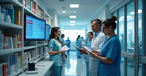 Sala de auditoria hospitalar com equipe analisando documentos e monitores de equipamentos médicos modernos