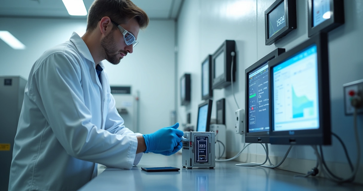 Técnico ajustando sensor eletrônico em ambiente controlado com equipamentos de monitoramento