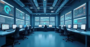 Sala de controle com telas exibindo dados de sensores IoT e gráficos em ambiente tecnológico de auditoria