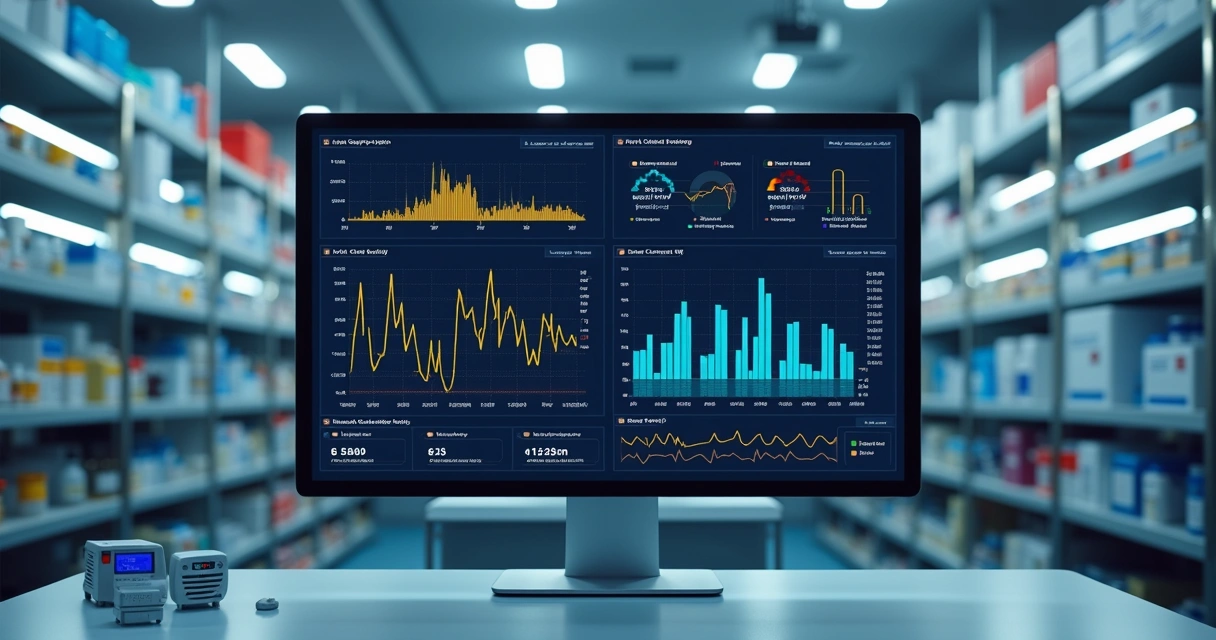 Tela de computador com dashboard de monitoramento de cadeia fria exibindo gráficos e alertas em ambiente de laboratório moderno