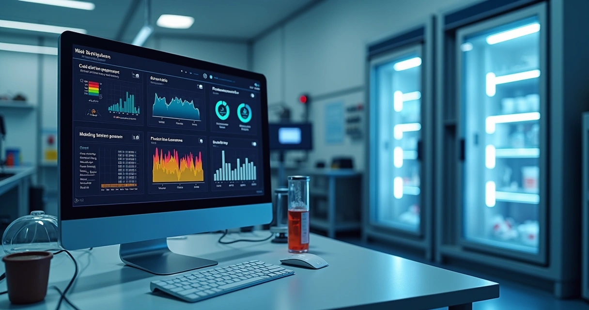 Tela de computador exibindo gráficos e dados de monitoramento da cadeia fria com sensores IoT e alertas em ambiente de laboratório moderno