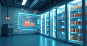 Câmara fria com sensores e gráficos digitais mostrando monitoramento e alerta de falhas com inteligência artificial