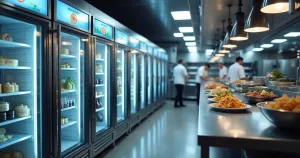 Cozinha de restaurante com sensores IoT instalados em refrigeradores e equipamentos de armazenamento