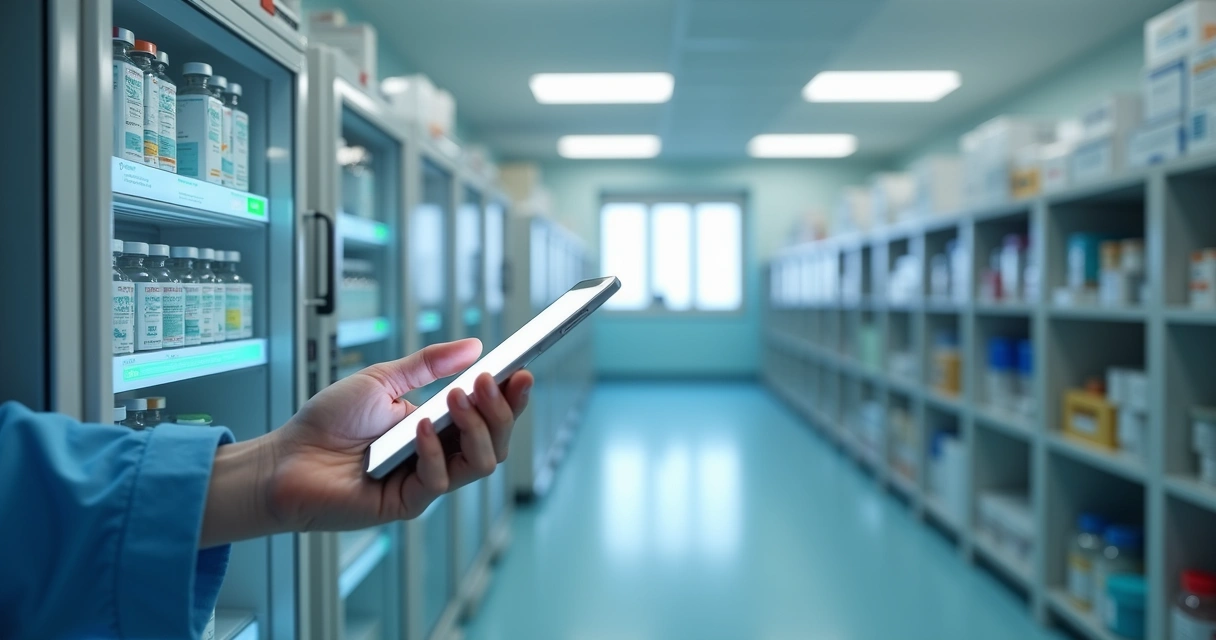 Ambiente hospitalar com armazenamento de medicamentos sob monitoramento digital contínuo