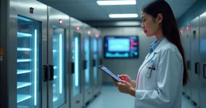 Profissional analisando registros digitais de temperatura em auditoria sanitária