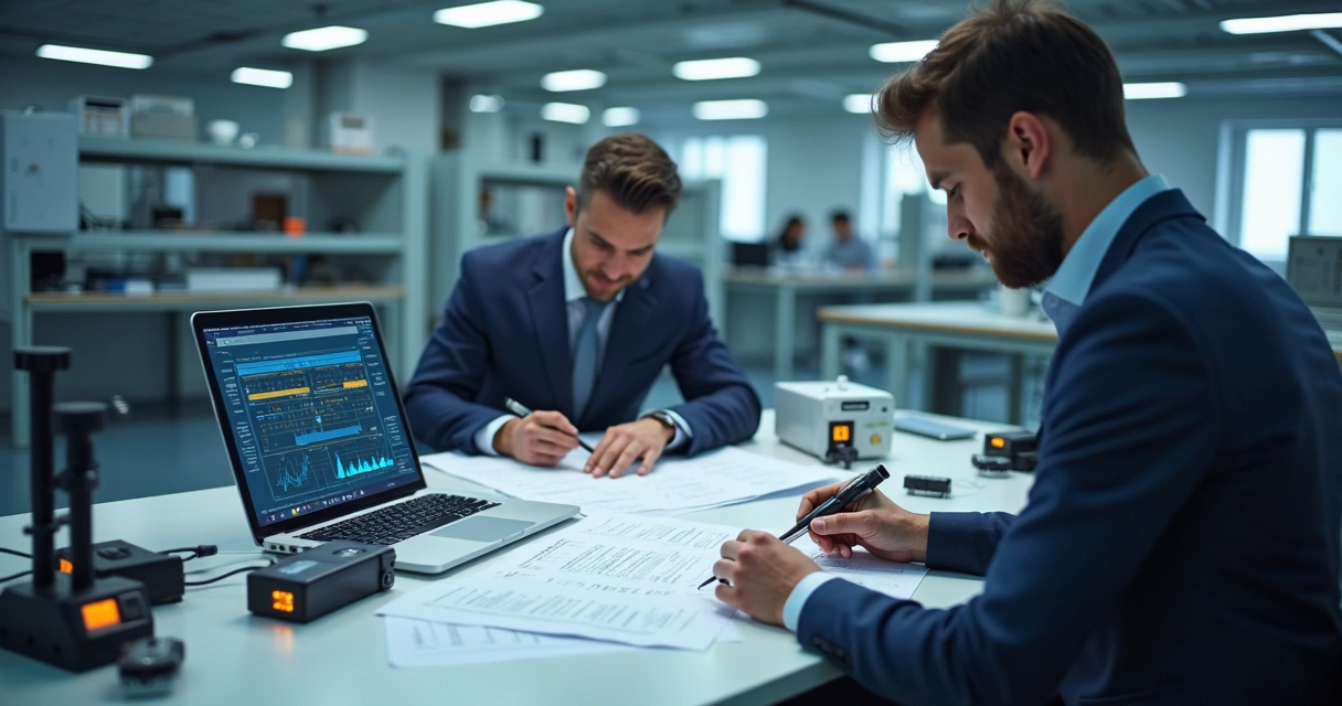 Mesa de auditoria com sensores eletrônicos sendo calibrados e técnicos analisando relatórios em ambiente limpo e bem iluminado