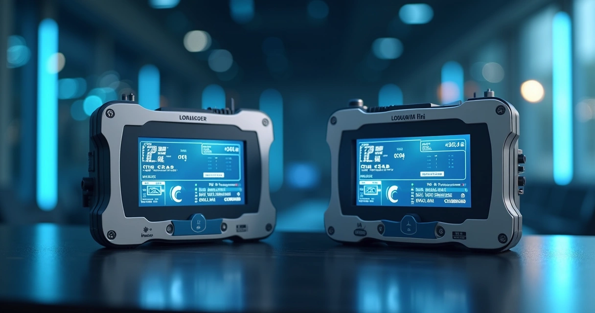 Dataloggers LoRaWAN e Wi-Fi com interfaces digitais exibindo dados ambientais em fundo tecnológico azul