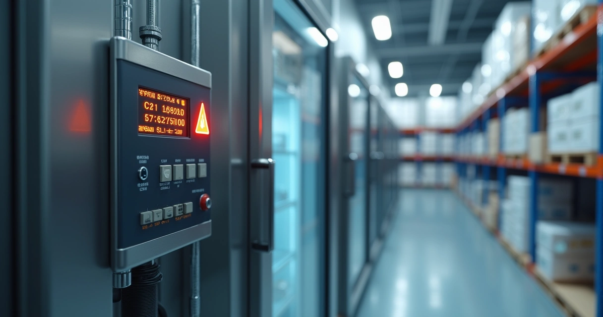 Equipamento de refrigeração profissional com painel digital mostrando alerta de falha em ambiente industrial