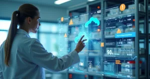 Profissional analisa dados farmacêuticos em painel de nuvem com frascos de medicamento ao fundo