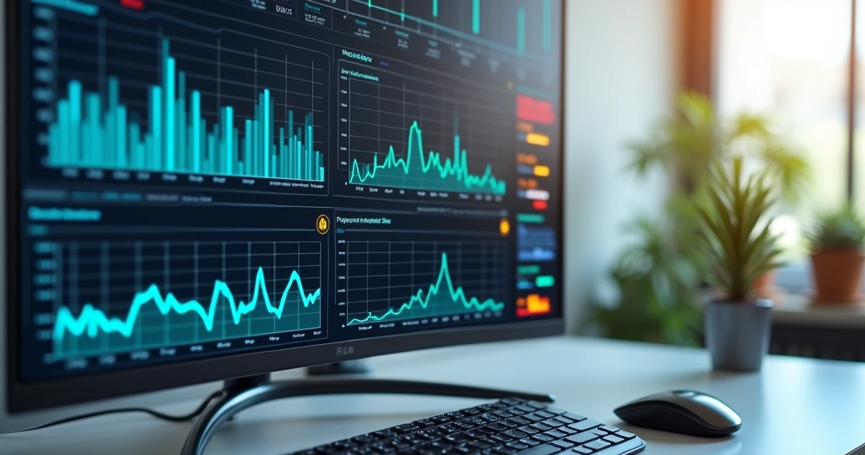 Tela mostrando gráficos de monitoramento em tempo real com alertas e dados ambientais detalhados