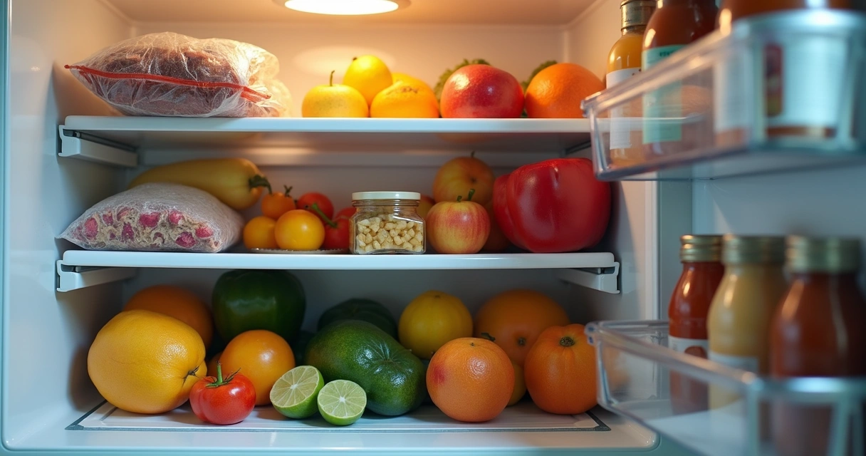 Alimentos mal armazenados na geladeira com frutas e legumes visivelmente estragados e embalagens abertas em uma cozinha