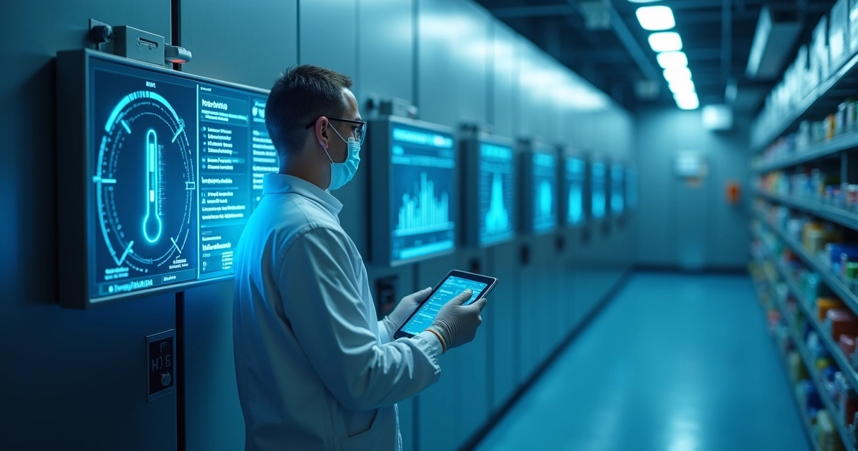 Câmera fria com sensores IoT conectados exibindo dados de monitoramento em telas digitais