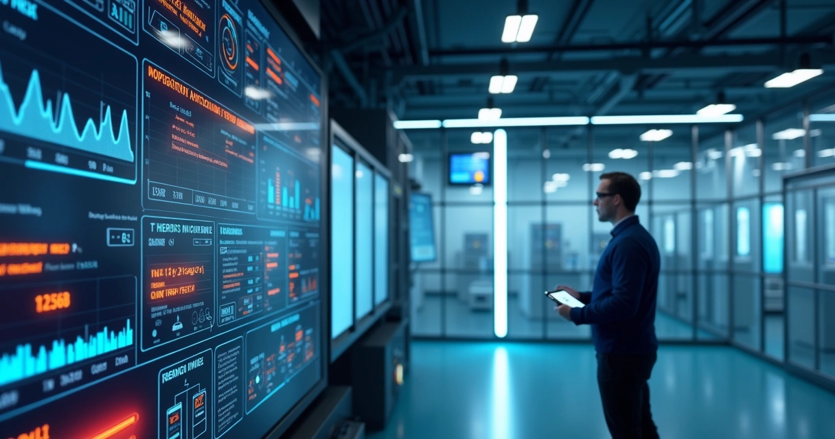 Monitoramento digital em tela mostrando falha em câmara fria em ambiente industrial