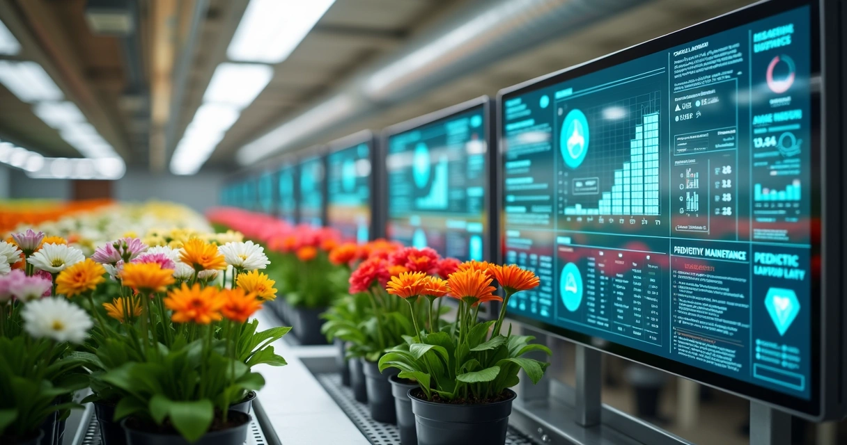 Tela moderna mostrando dados de monitoramento ambiental em uma floricultura com sensores IoT instalados nas plantas e equipamentos de controle climático