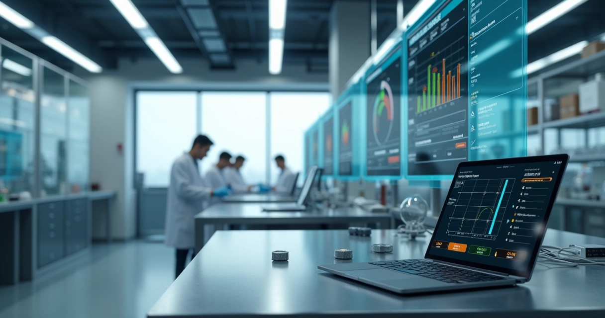 Laboratório moderno com telas digitais exibindo monitoramento IoT de condições ambientais e sensores ativos
