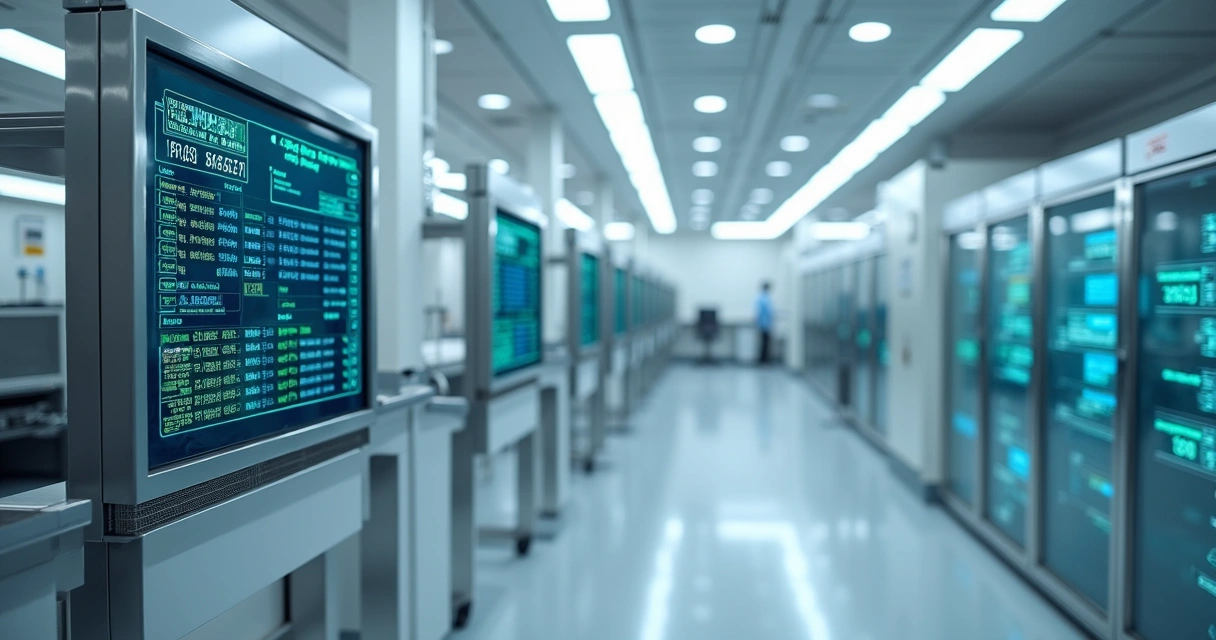 Laboratório clínico moderno com equipamentos IoT monitorando condições ambientais em tempo real