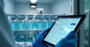 Frascos de vacinas em geladeira médica com sensor de luminosidade conectado por IoT