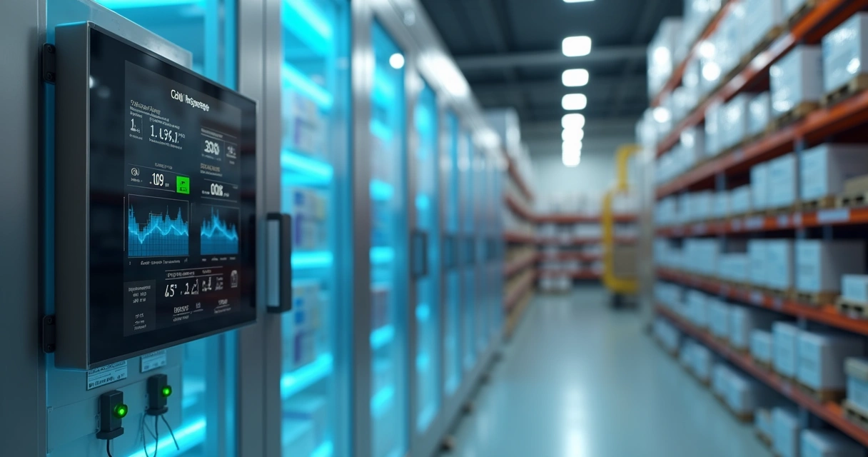 Sensores IoT monitorando condições na cadeia fria com painel digital e ambiente refrigerado