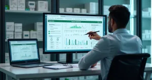Profissional analisa relatório digital automatizado em dashboard de conformidade da Anvisa
