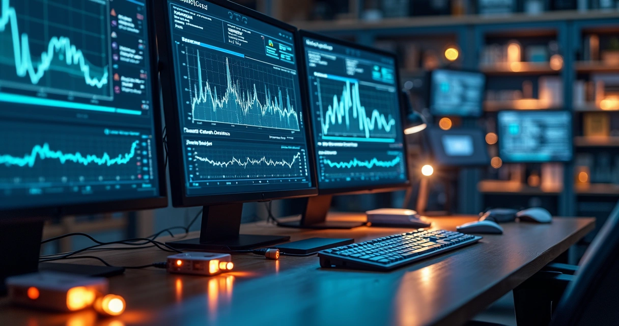 Tela de computador mostrando gráficos de dados de sensores com alertas de erro de transmissão e equipamentos IoT conectados ao fundo
